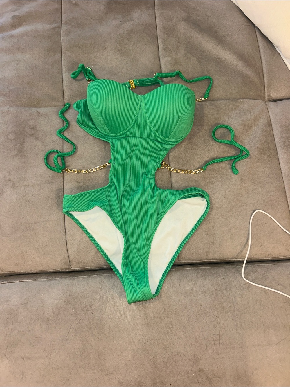 NWT Medium size Green Ribbed One-Piece Cutout Swimsuit with Gold Chain
